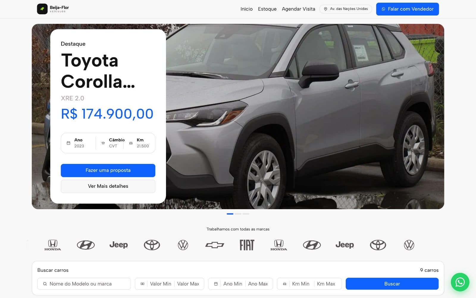 Loja qa-beijaflor.movitre.com.br aberta no computador: veículo em destaque com preço, ano, câmbio e quilometragem, faixa com as marcas atendidas e barra de busca por modelo, valor, ano e quilometragem.